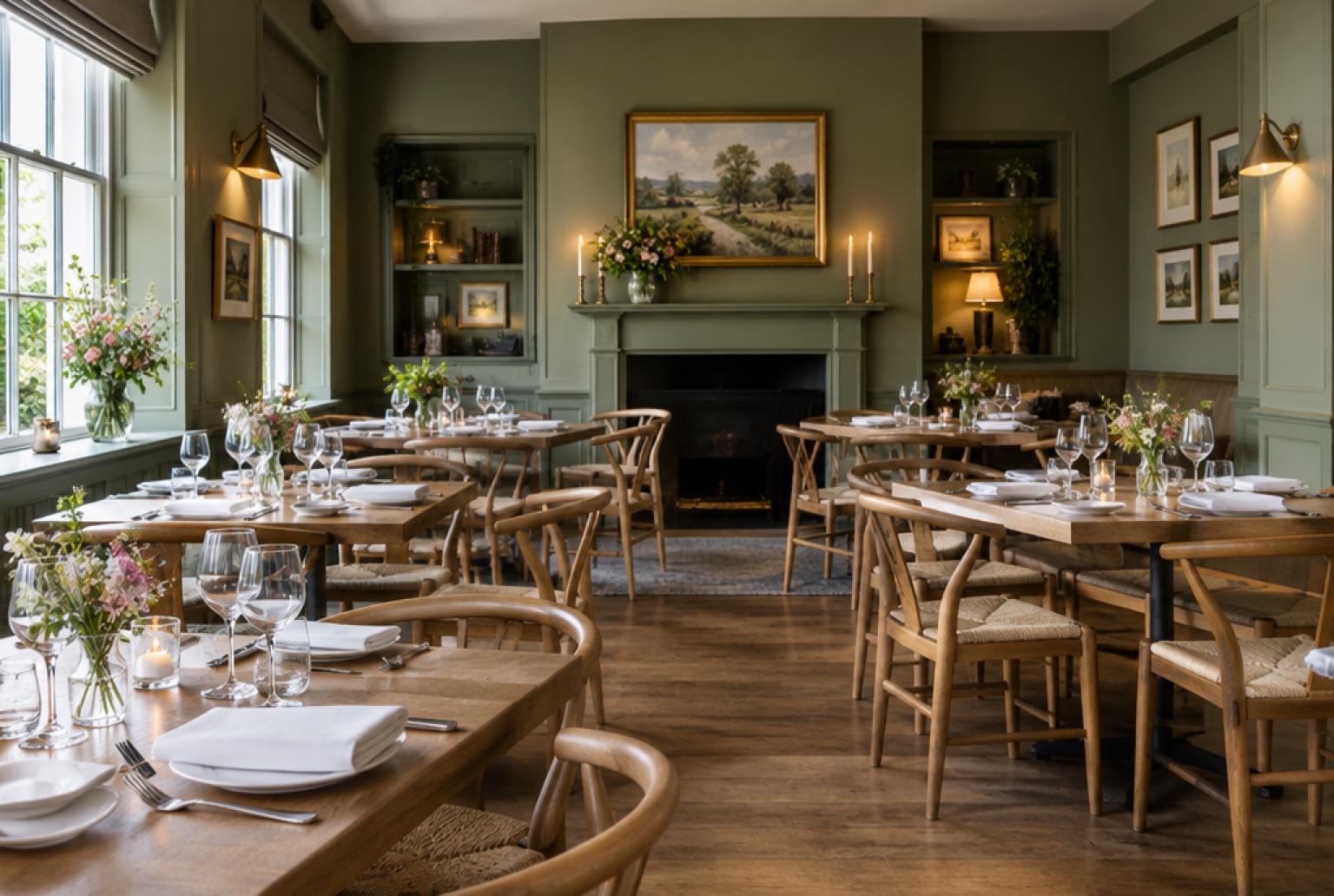 A restaurant dining room with every table set