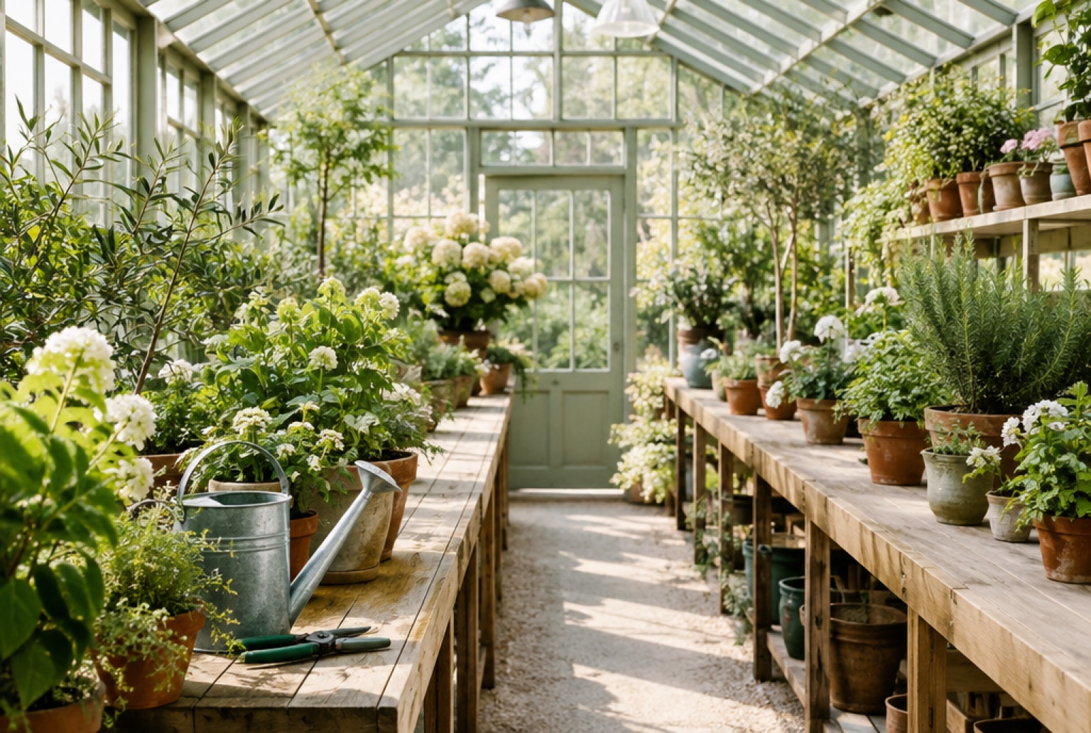 A well-tended greenhouse in morning light