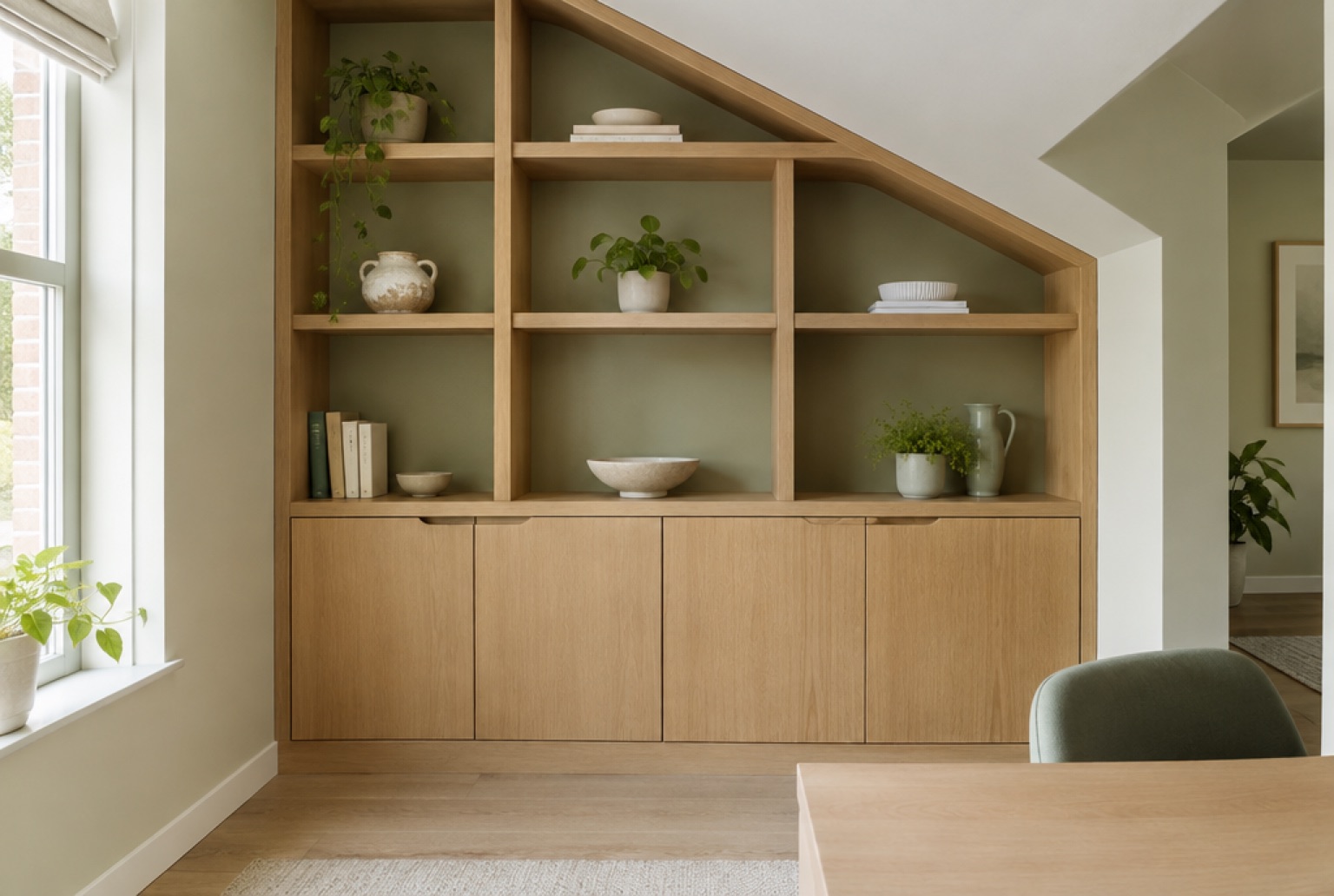 Custom oak shelving fitted into an office alcove