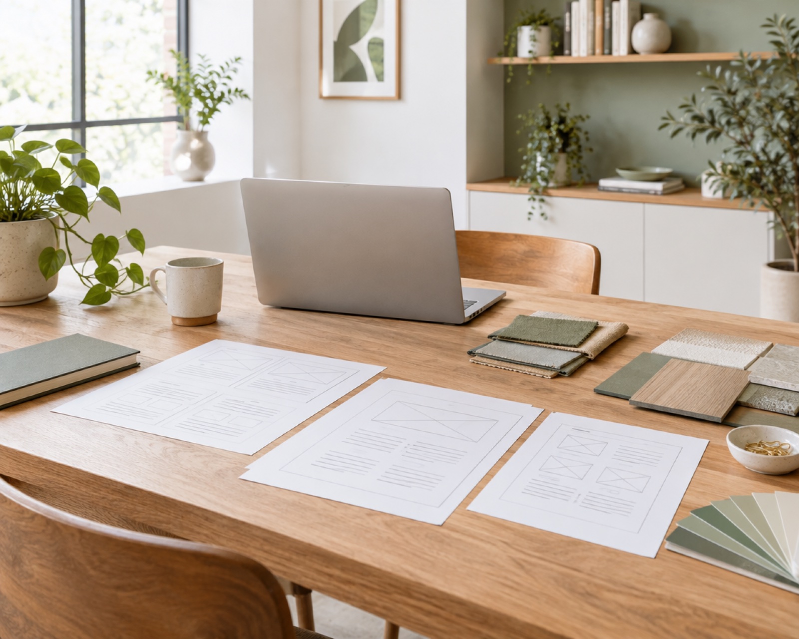 A bright design studio worktable with page sketches and material swatches