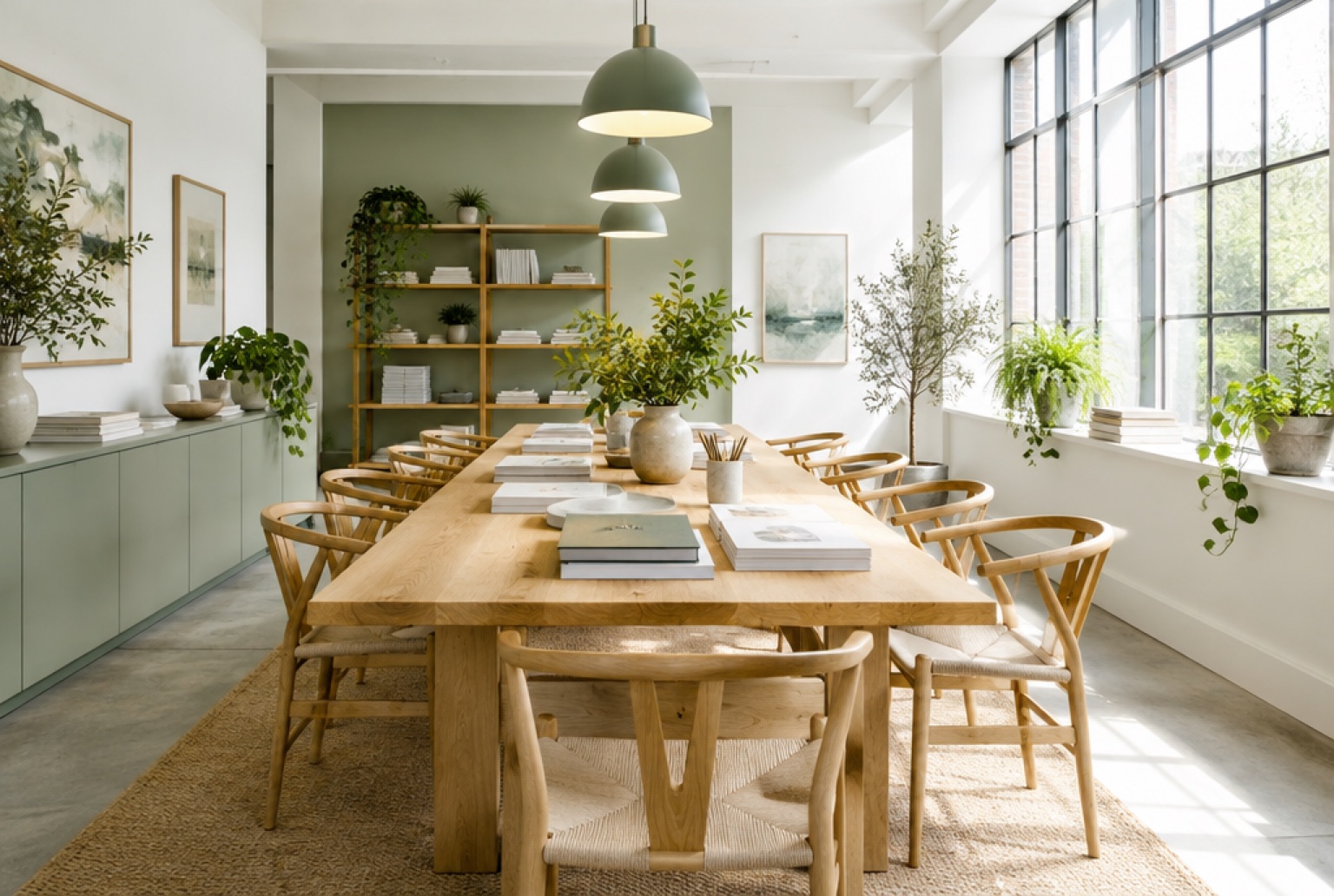 A bright studio with one long shared worktable