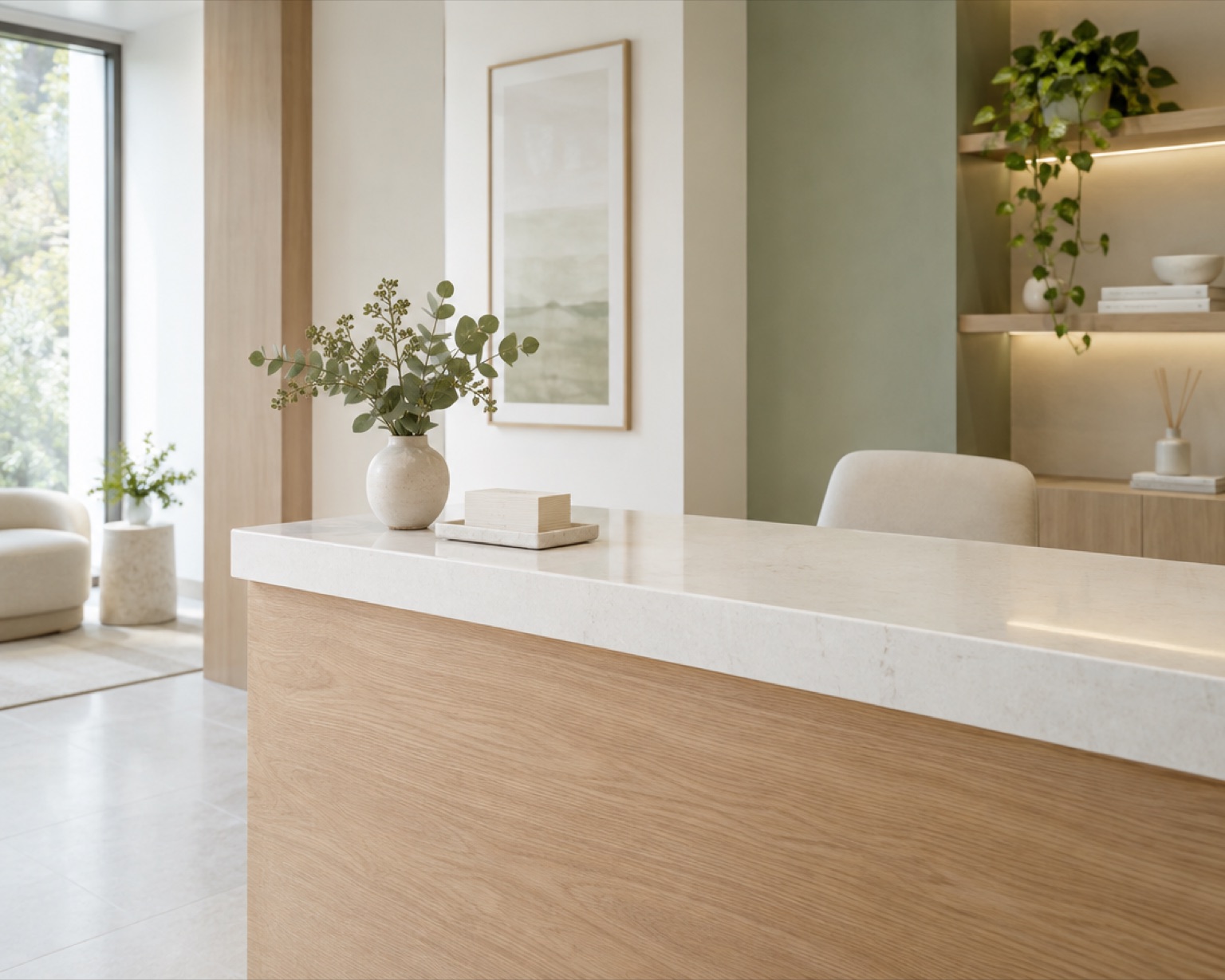 A bright reception desk with fresh greenery