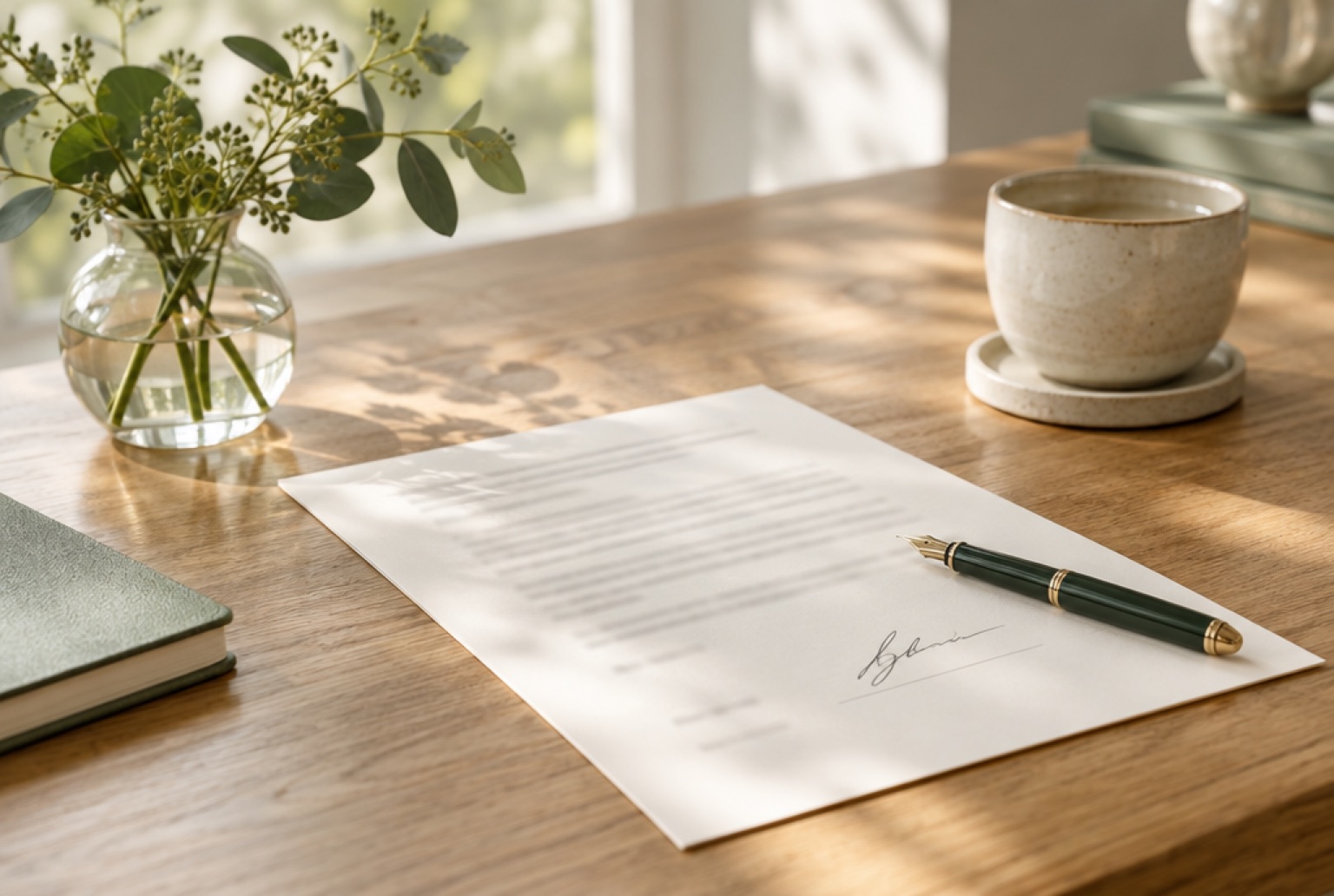 A signed agreement and a fountain pen on a sunlit desk