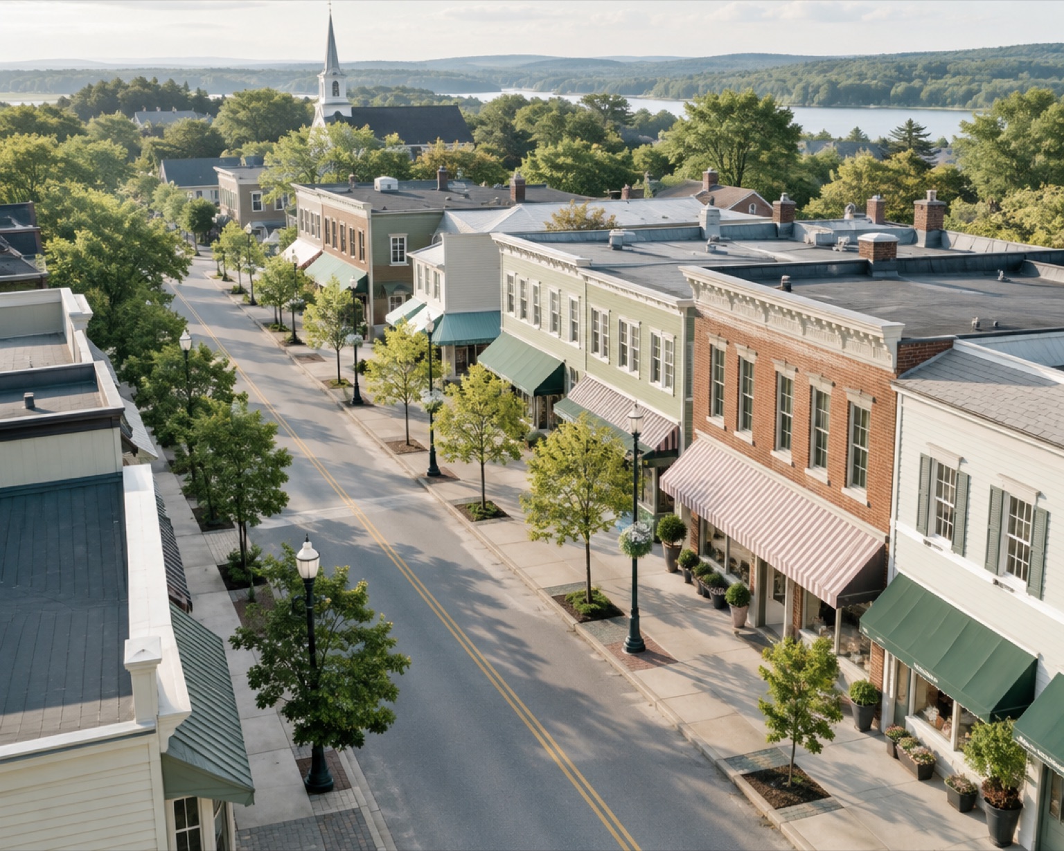 A small-town main street of independent shops