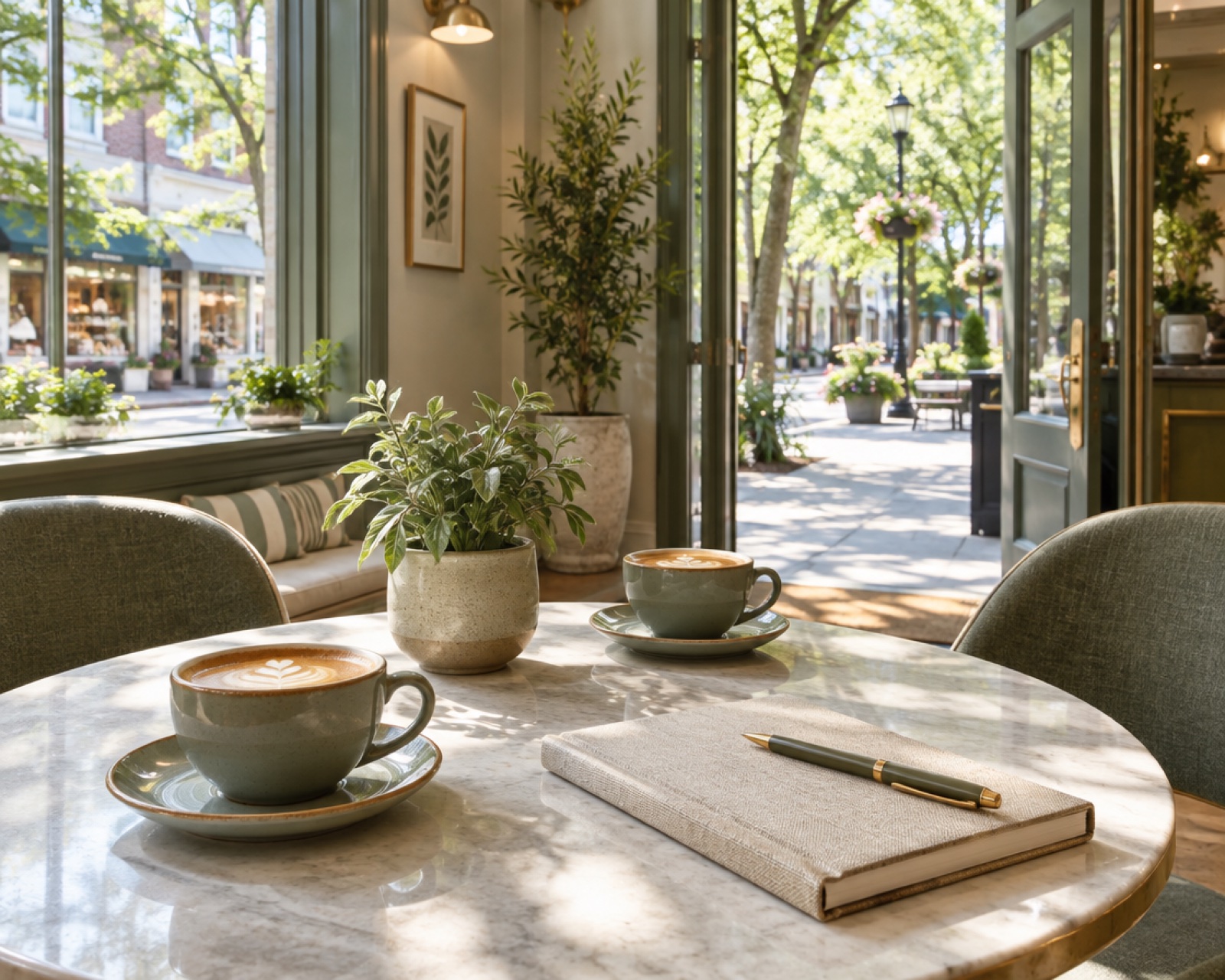 A sunny cafe table set for a meeting, with two coffees and a notebook