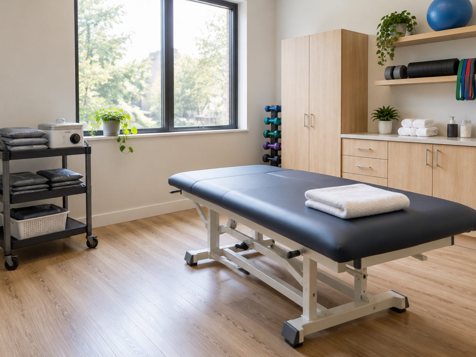 A treatment room with a padded table and hot packs