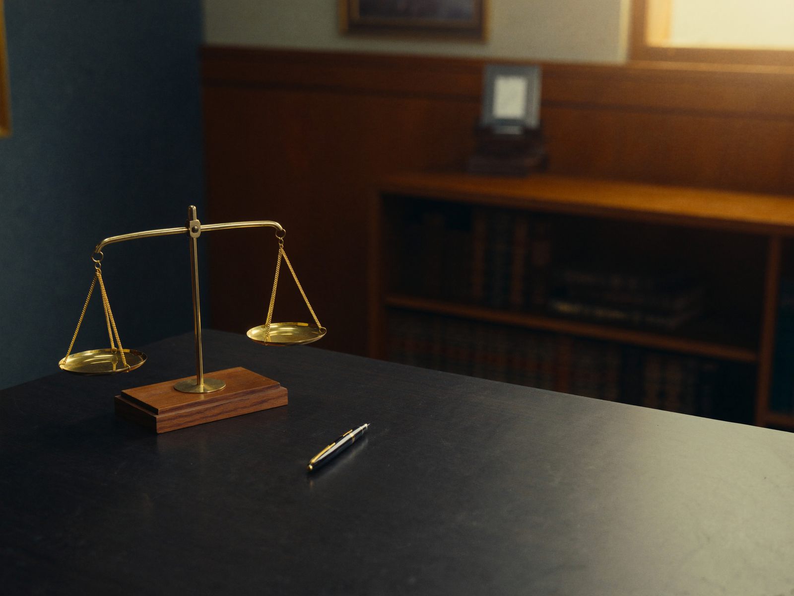 A brass scale and a fountain pen on a desk