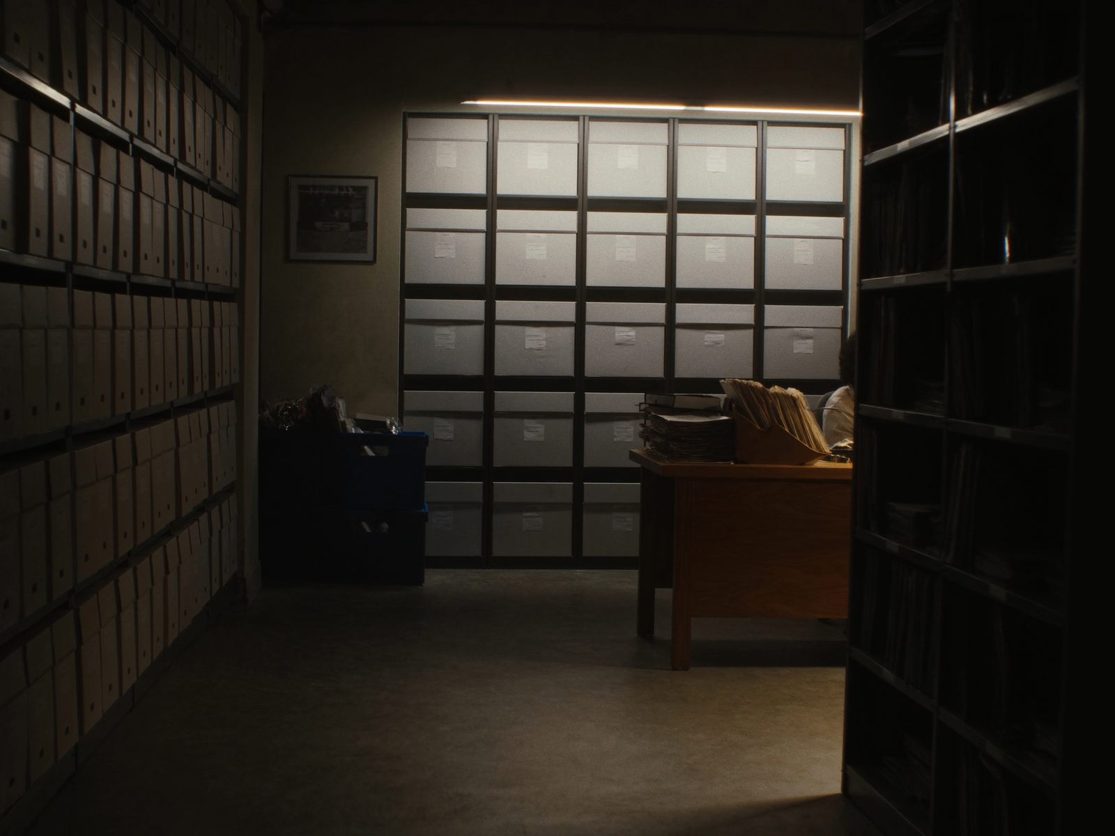 A law office file room with document boxes