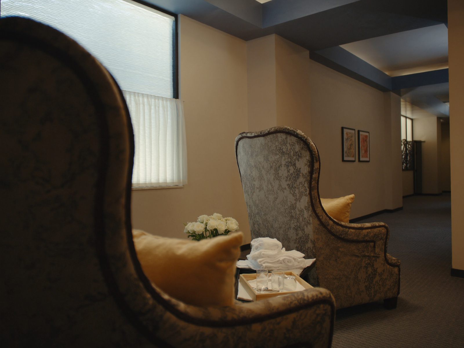 A med spa relaxation lounge with robes and herbal tea