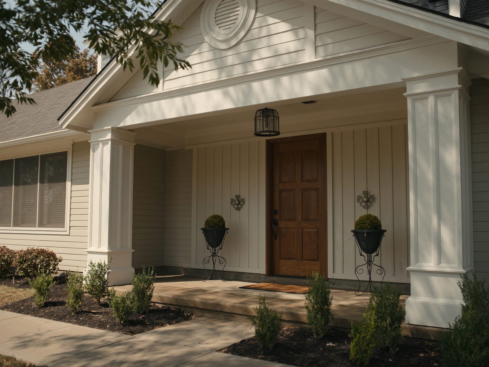 A front porch with a wooden door and planters