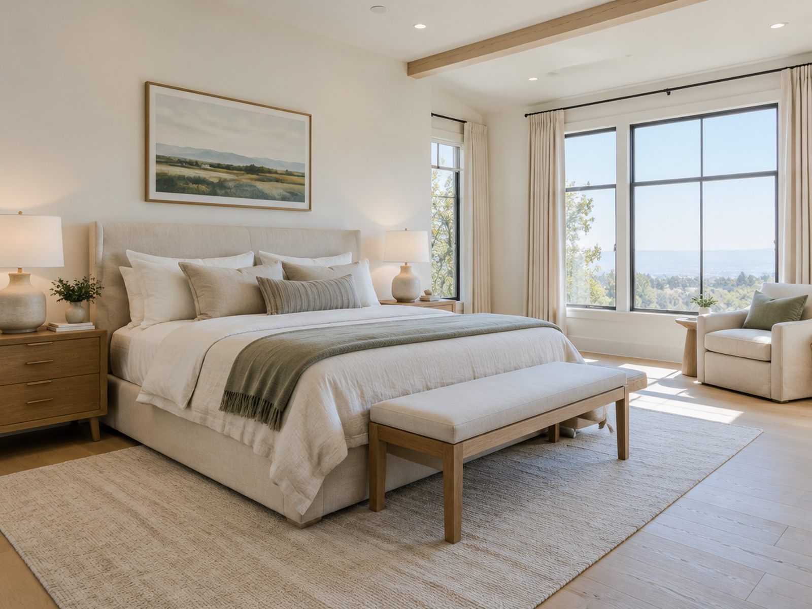 A staged primary bedroom in morning light
