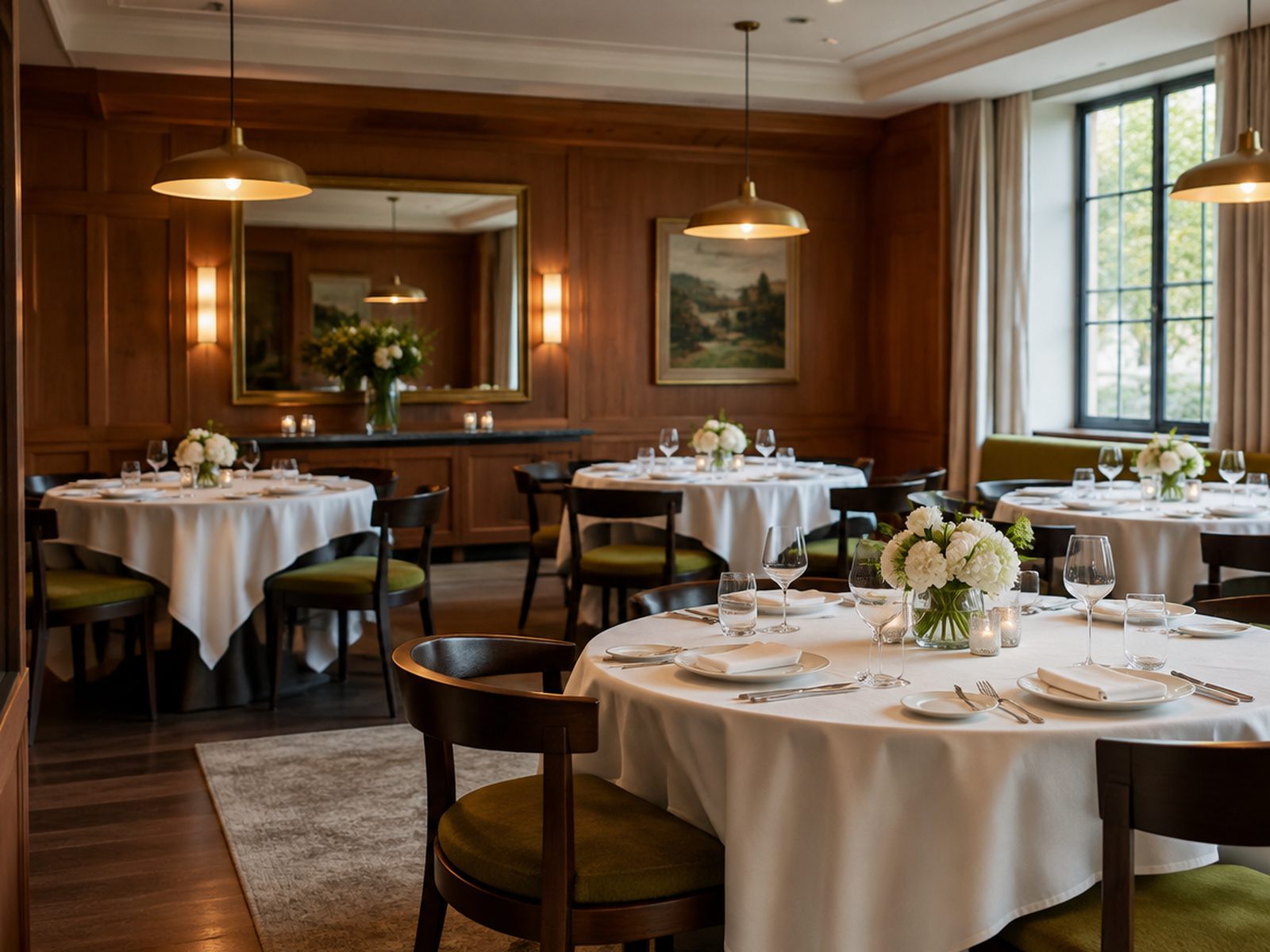 An empty private dining room with round tables set