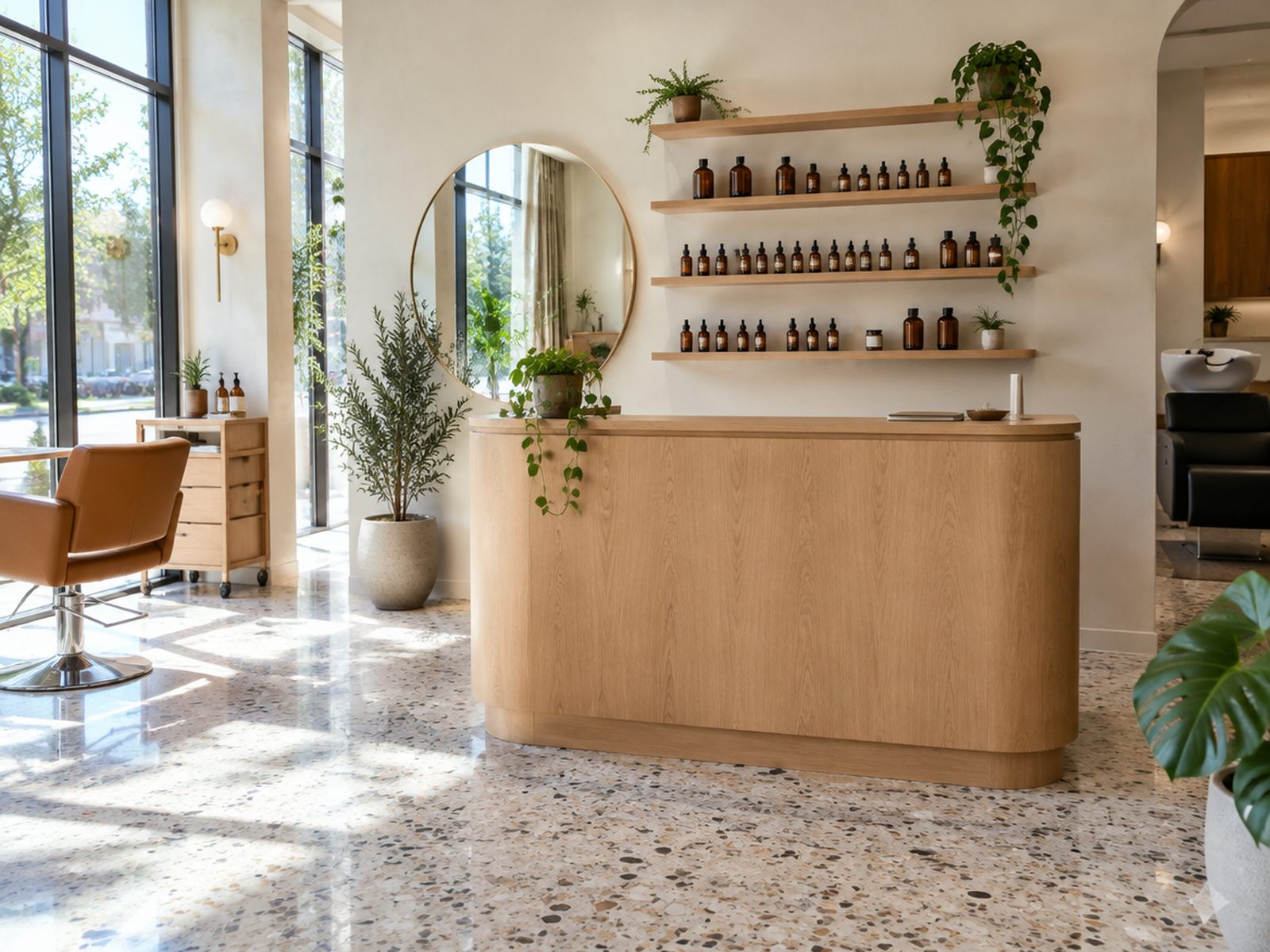 A bright salon reception with a light oak desk and amber bottles