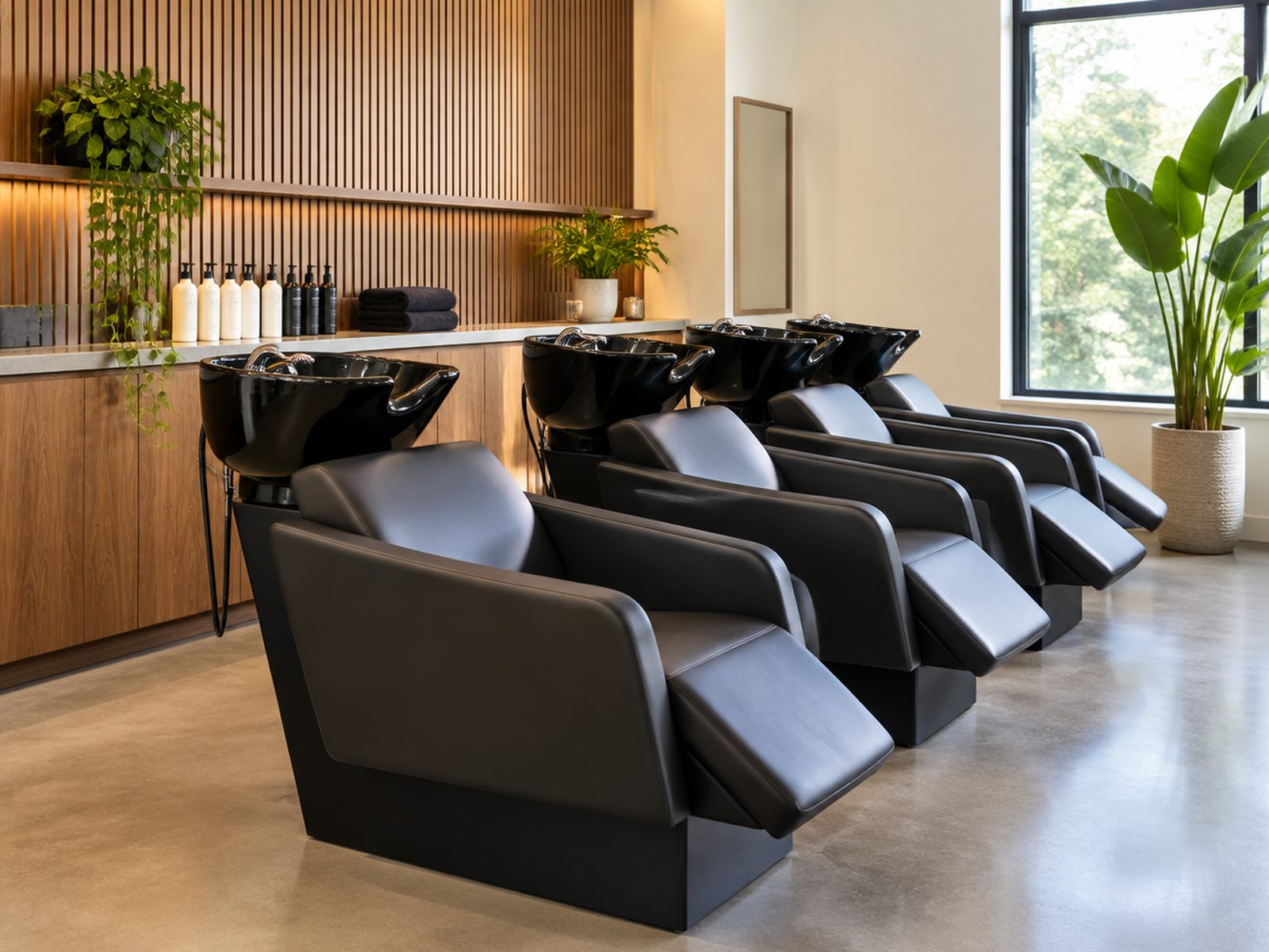 A row of hair wash basins in a bright salon