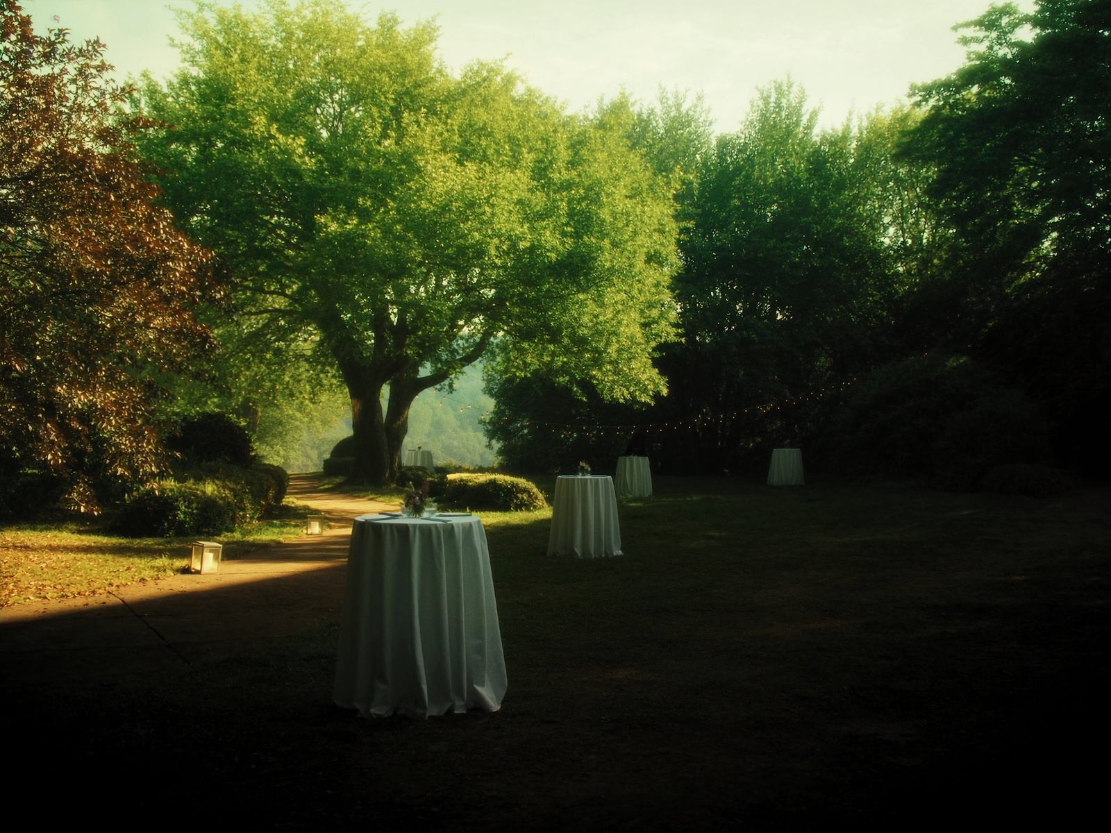 A garden cocktail hour setup with high-top tables and lanterns