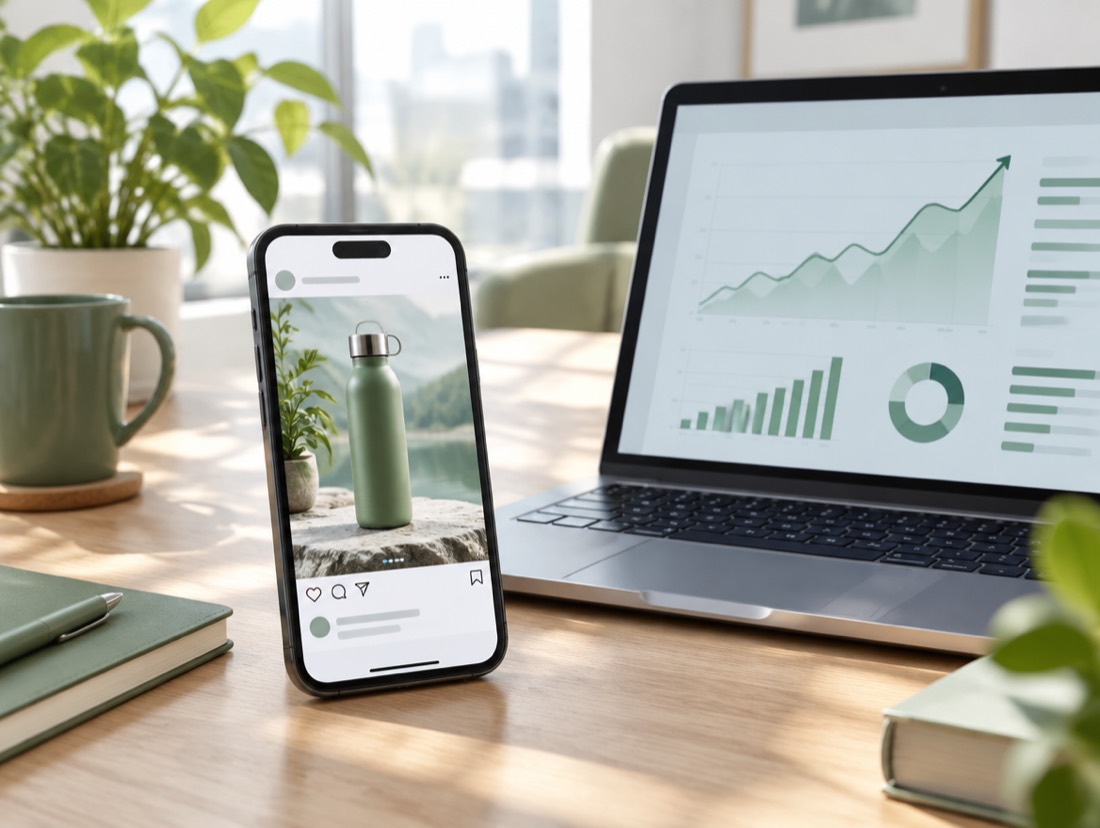 A phone showing an ad beside a laptop with rising charts