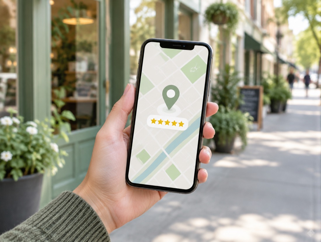 A phone showing a map pin and five stars