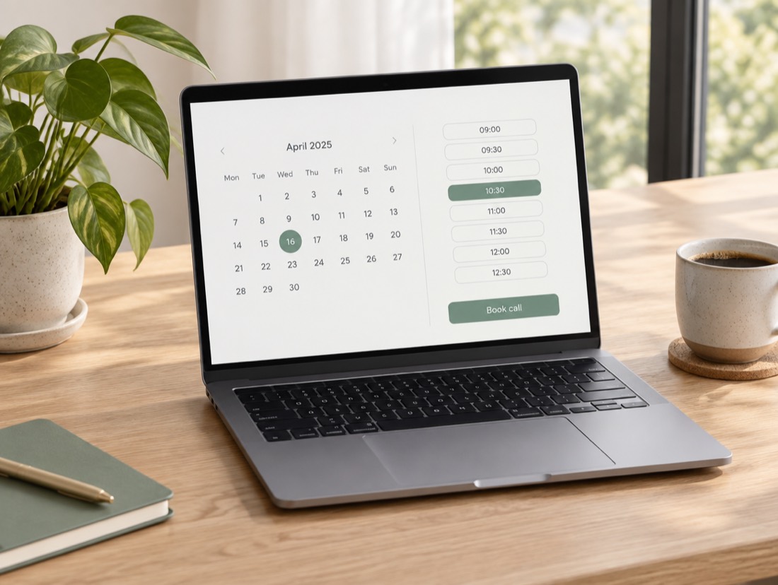 A laptop showing a booking calendar with a time picked