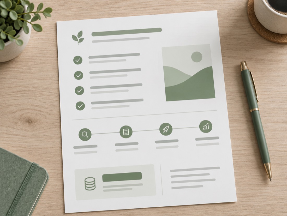 A printed plan with services, a launch timeline and a monthly price