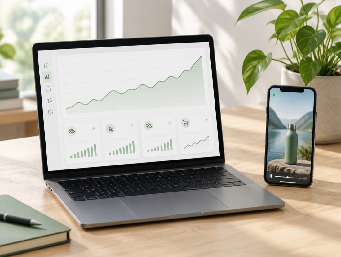 A laptop with a rising results chart beside a phone playing an ad