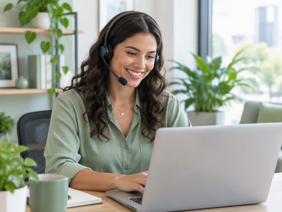 A smiling support specialist with a headset