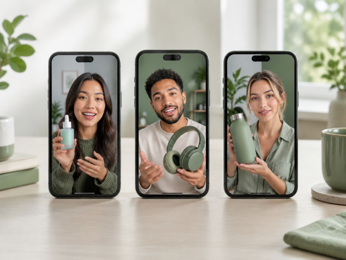 Three phones showing creator videos