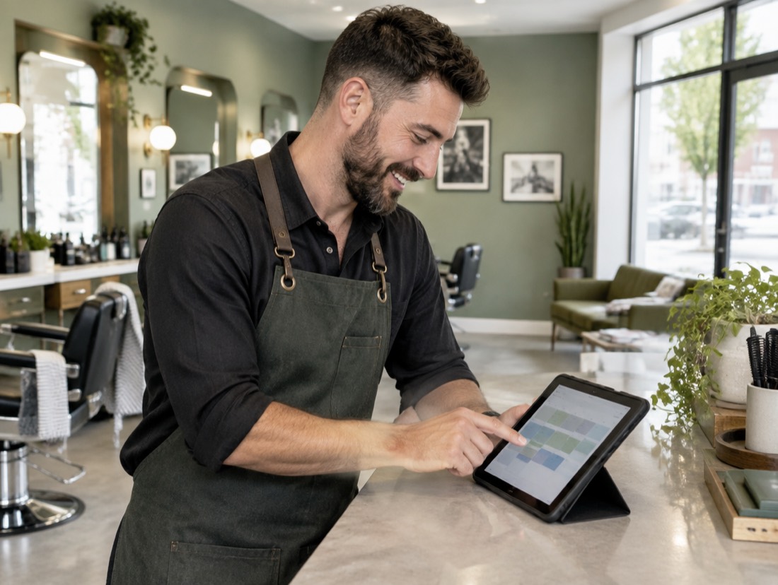 A barbershop owner booking a call on a tablet