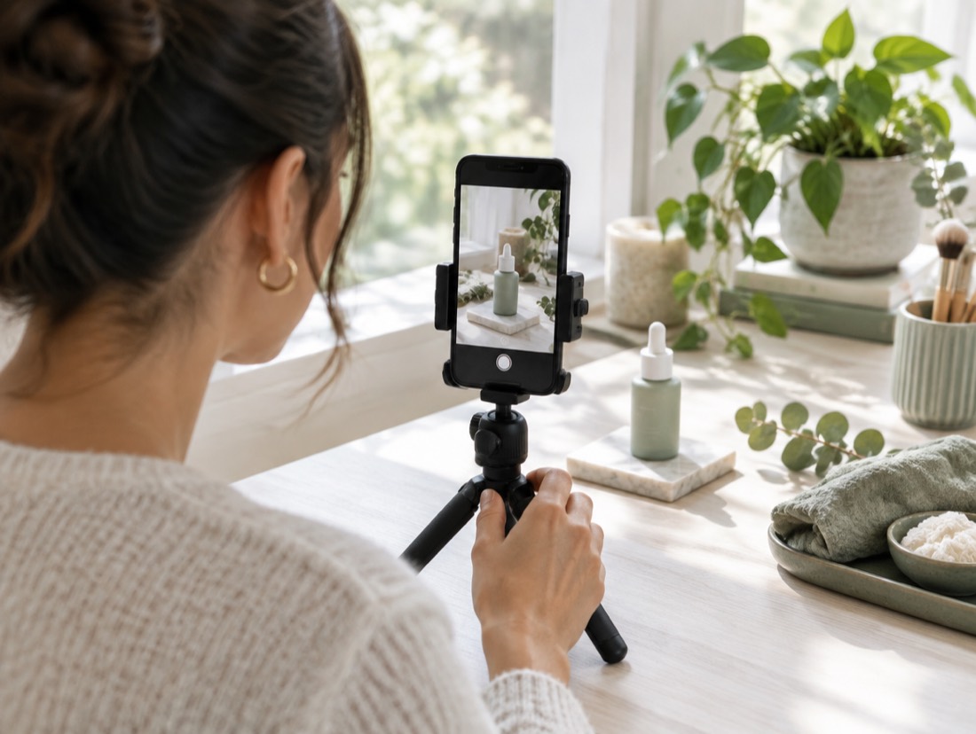 A creator filming a product on a phone tripod