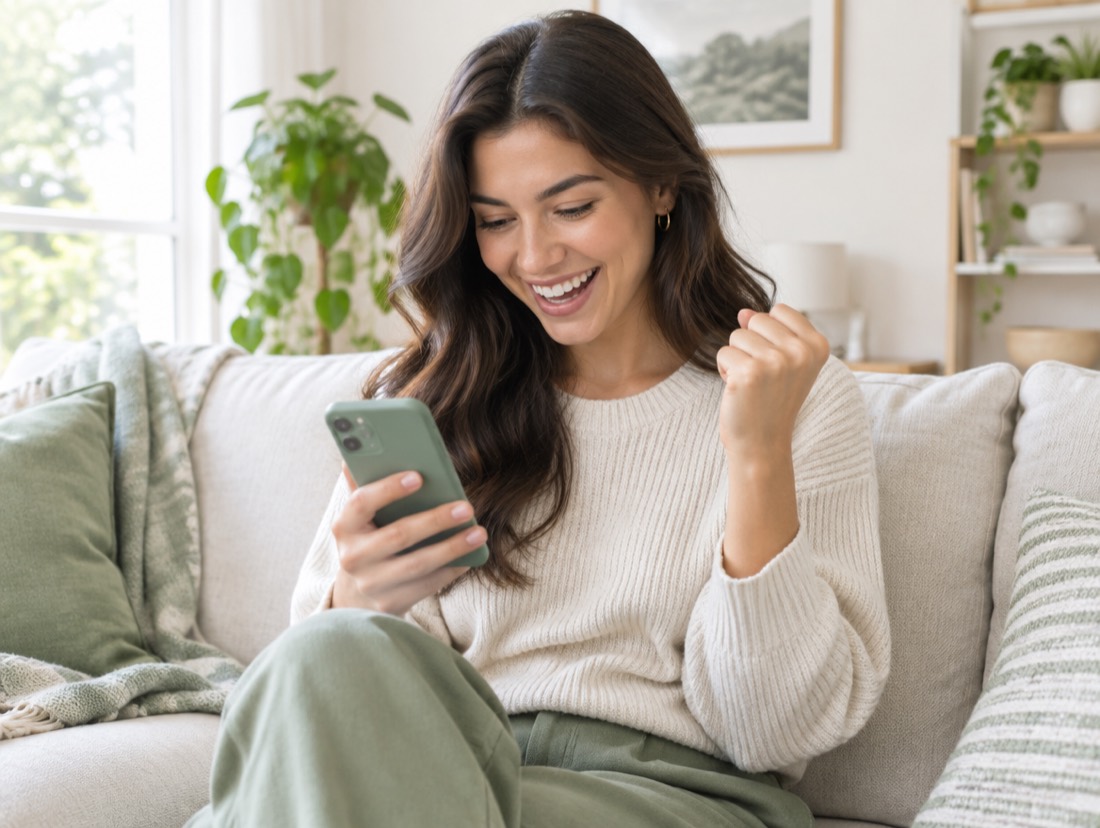 A creator smiling at her phone after getting paid