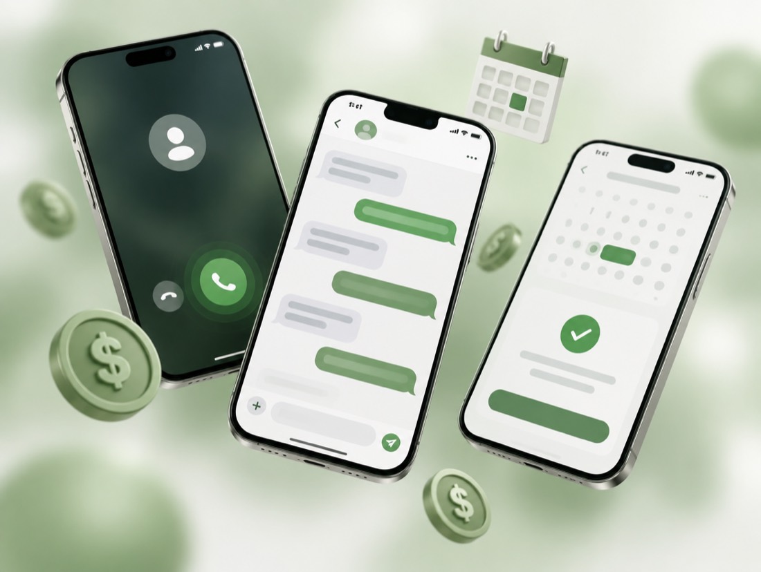 Phones showing an incoming call, a message thread and a booked meeting