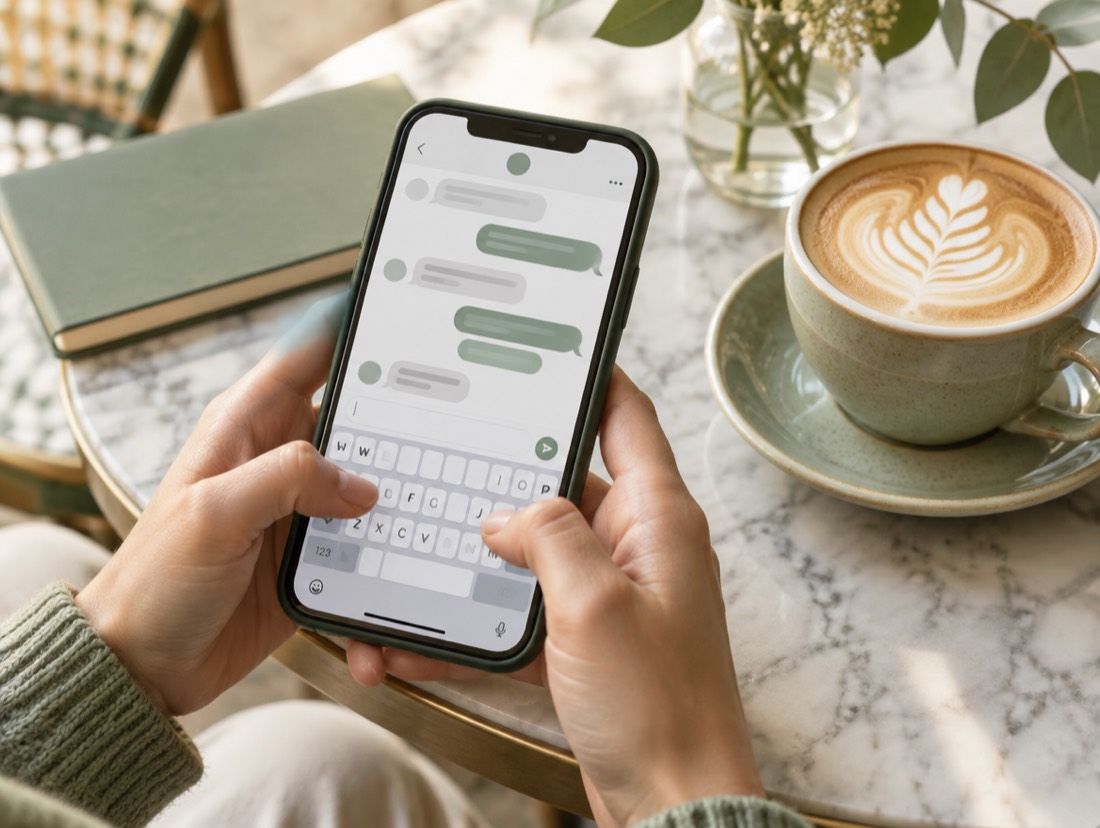 Thumbs typing a message to a business on a phone