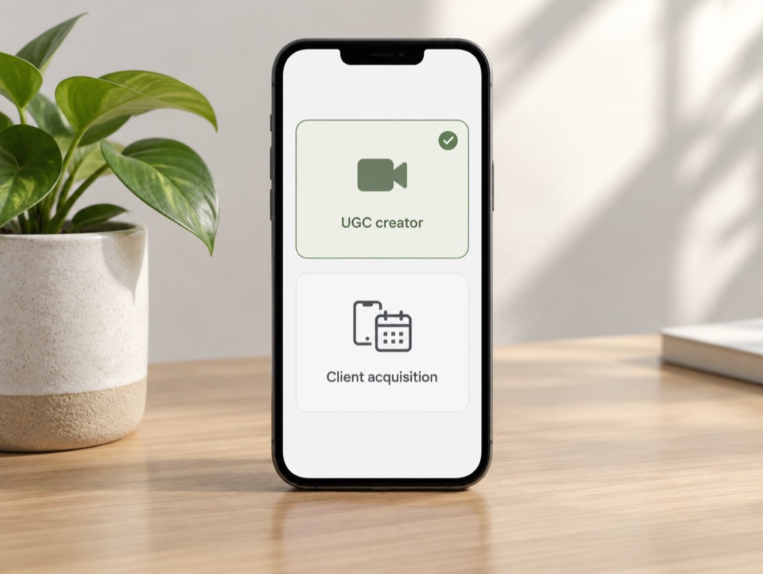 A phone showing the choice between UGC creator and client acquisition