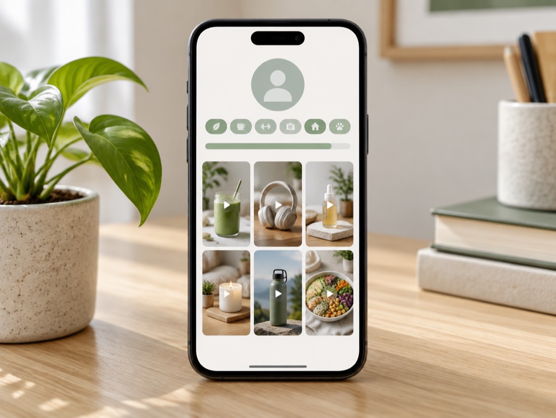 A phone showing a creator profile with sample videos